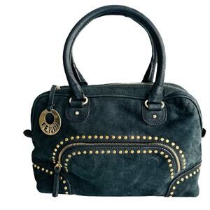 Fendi Black Suede Gold Studded Top Handle Purse Bag Bowler Satchel Medium
